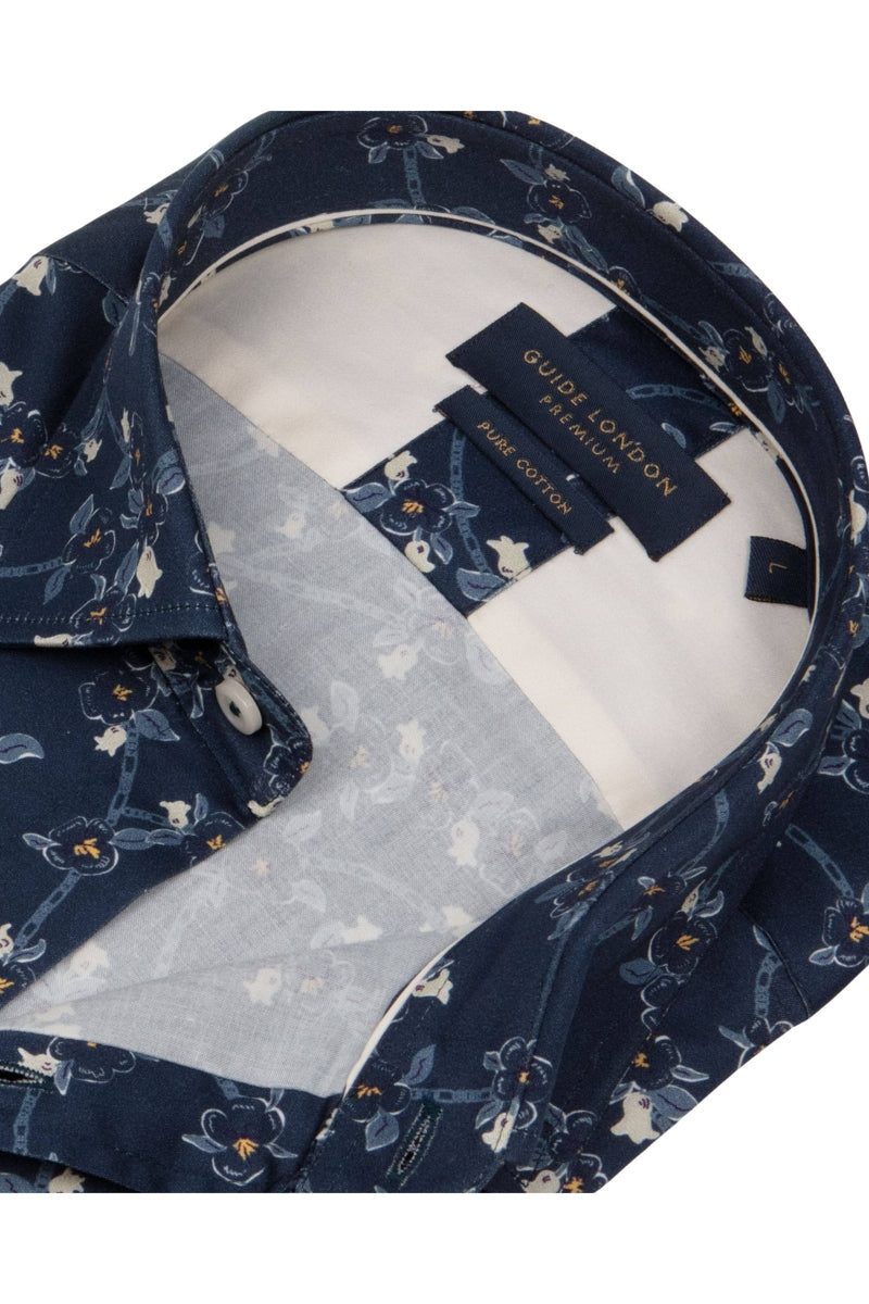 Guide London Navy Floral Print Sateen Finish Shirt