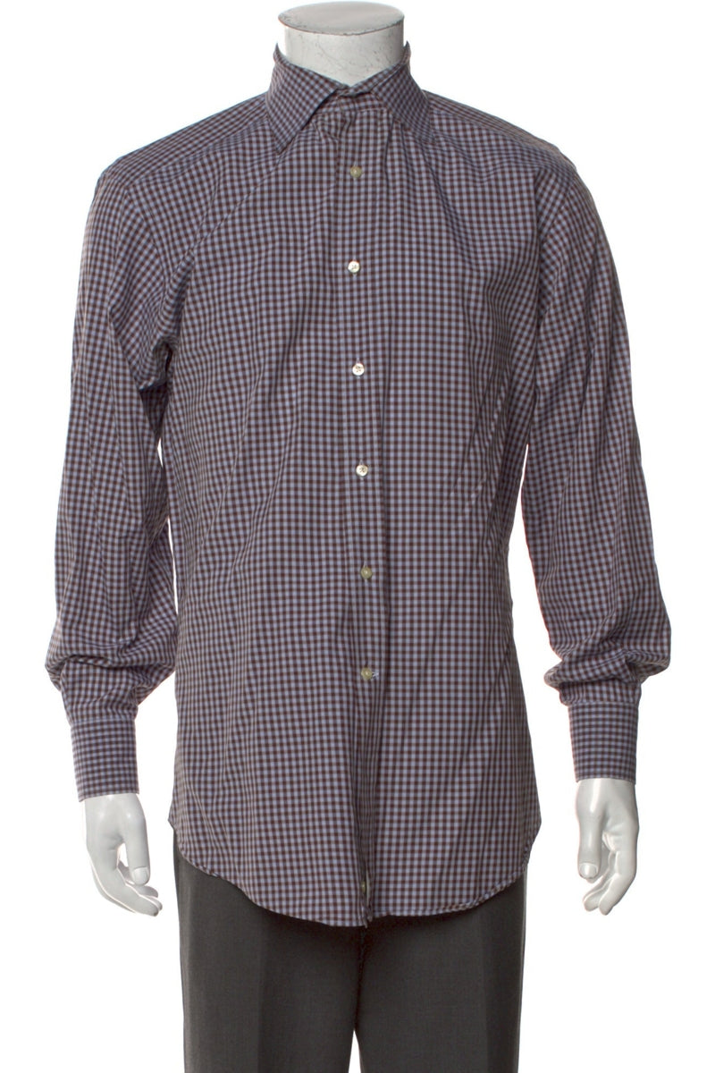 RealReal,Etro, Etro Brown/Blue Plaid Print Long Sleeve Dress Shirt, Brown, Large-46-Tag40