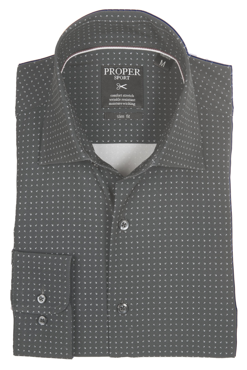 Wholesale,Proper Sport, Proper Sport Grey Geo Print Four-way Stretch Slim Fit Dress Shirt, Grey, Small-38-TagS
