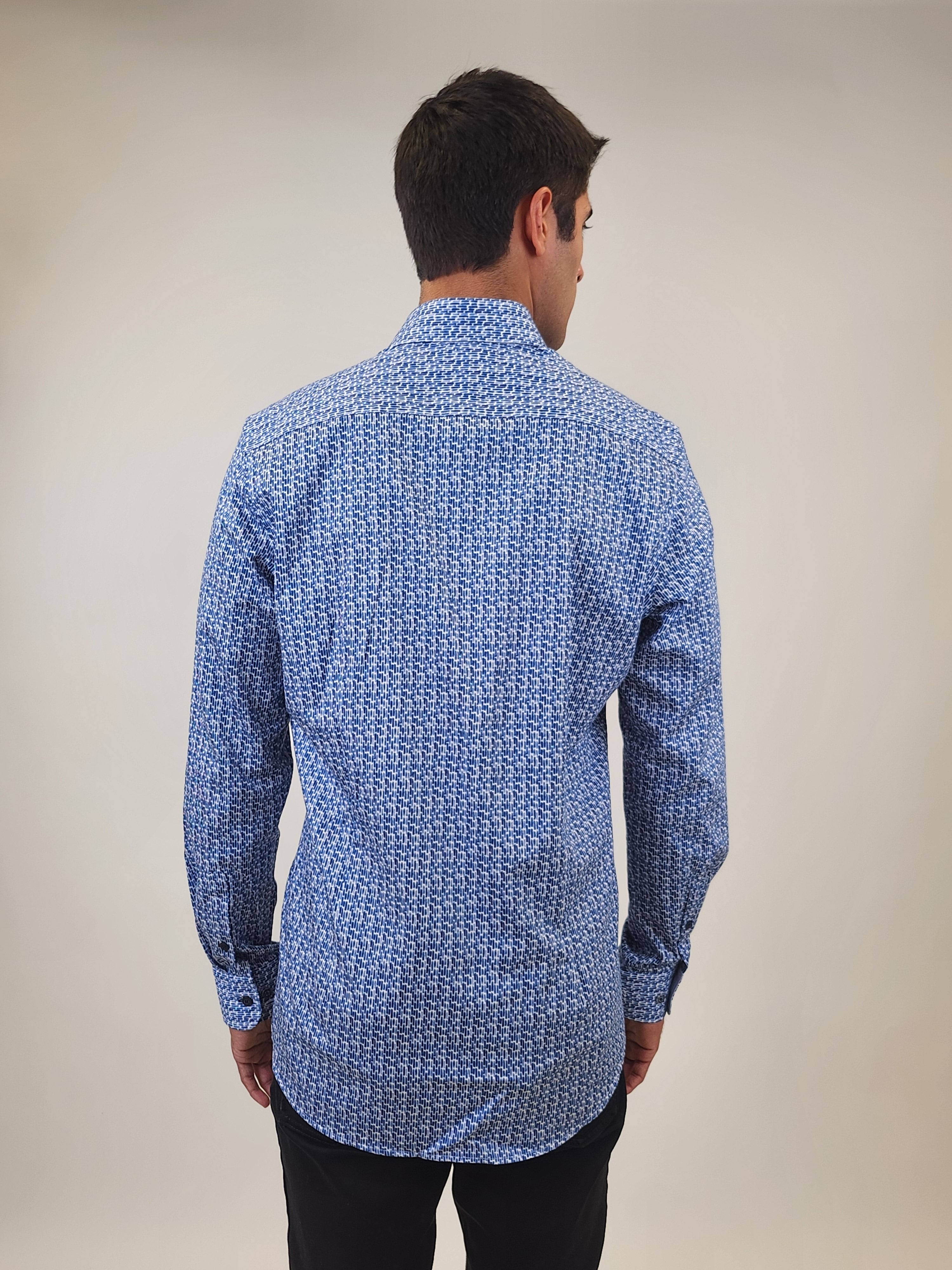 Brand Partner,R2 Amsterdam, R2 Amsterdam Blue Brick Print Cotton Long Sleeve Shirt, Blue, Large-46-Tag42