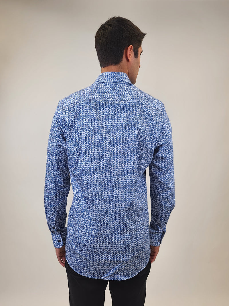 R2 Amsterdam Blue Brick Print Cotton Long Sleeve Shirt