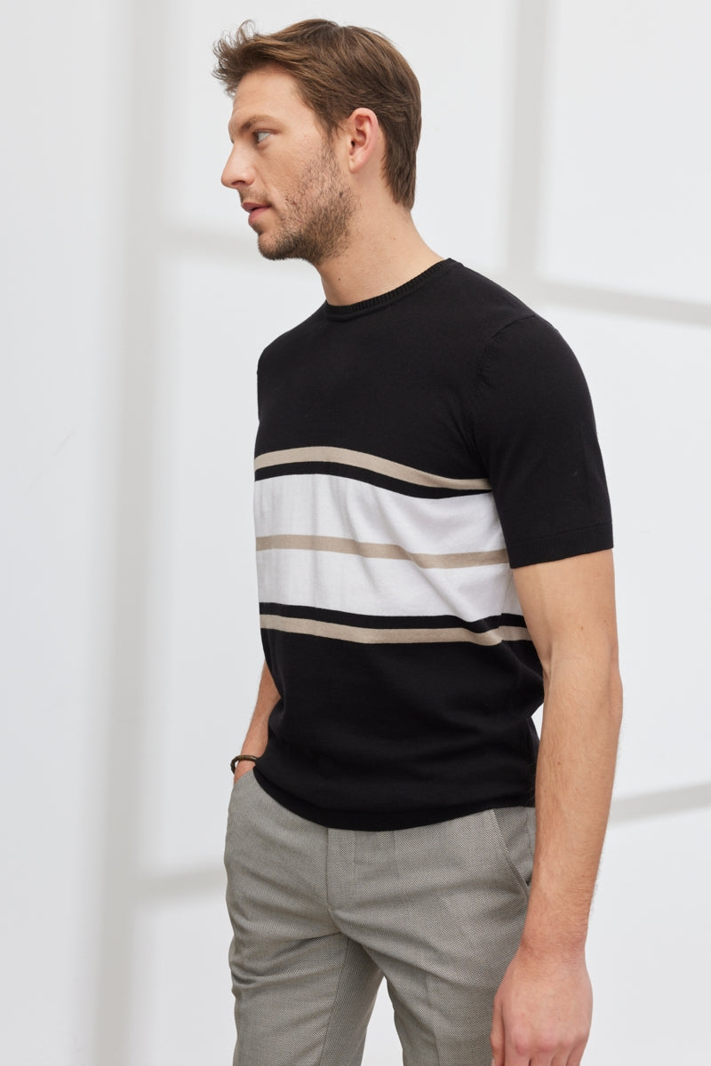 Wholesale,Altinyildiz Classics, Altinyildiz Classics Black with White/Tan Striped Knit T-Shirt, Black, Small-39-TagSMedium-41-TagM