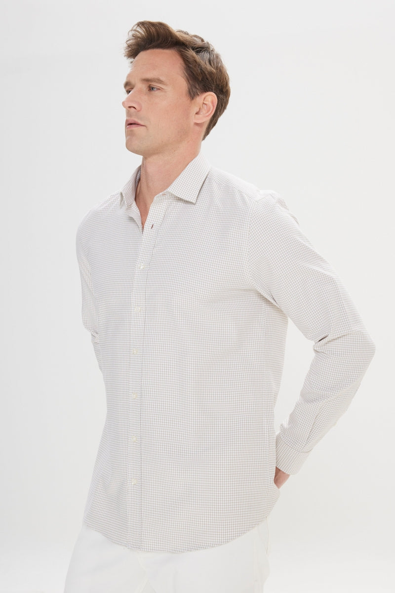 Wholesale,Altinyildiz Classics, Altinyildiz Classics Beige/White Plaid Seersucker Patterned Slim Fit Shirt, Tan, Small-38-TagSMedium-41-TagMLarge-44-TagLExtra Large-47-TagXL