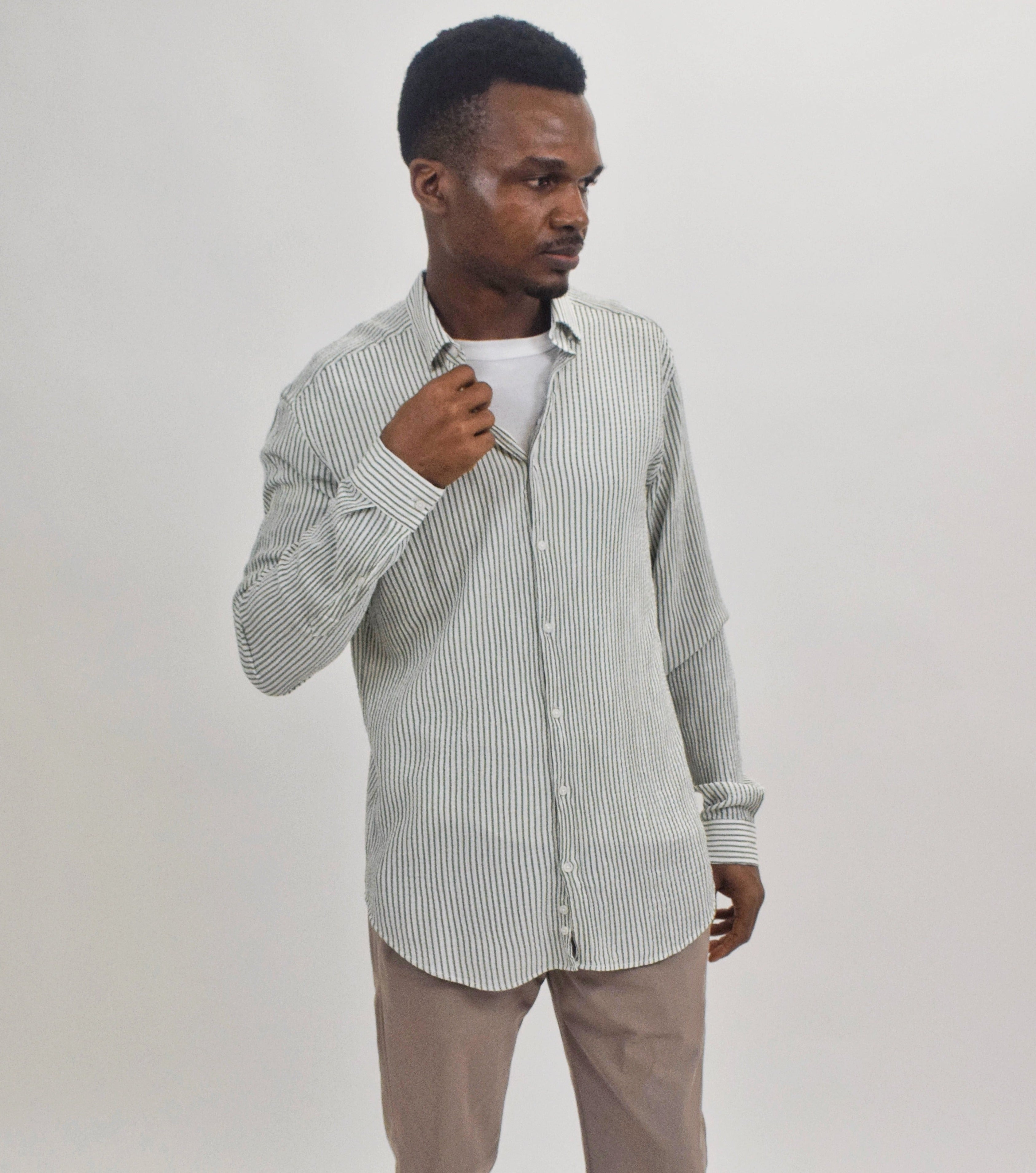 Wholesale,Suit Sartoria, Suit Sartoria Green And White Horizontally Striped Crinkle Cut Long Sleeve Button Up Shirt, White, Medium-42-TagL