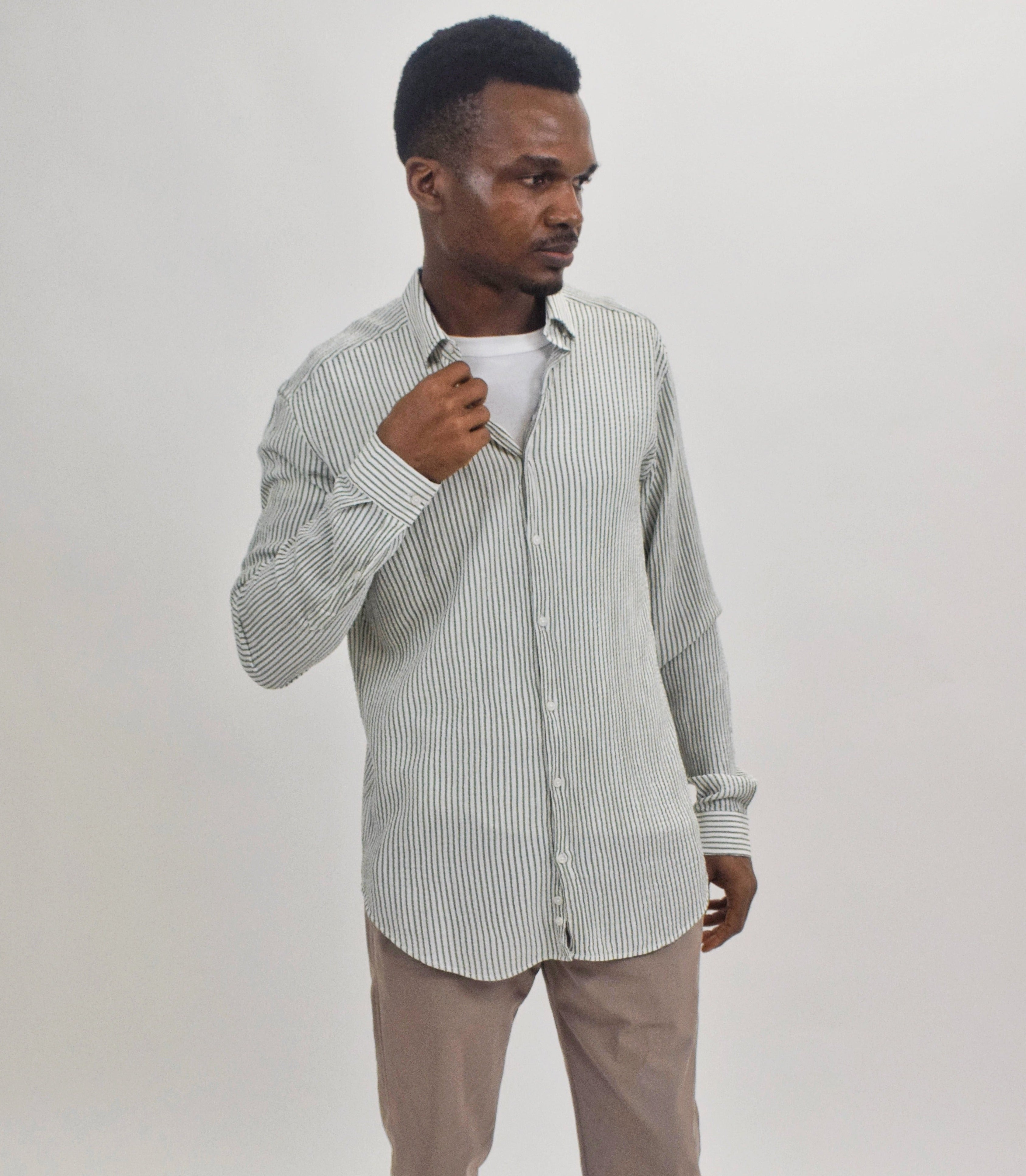 Wholesale,Suit Sartoria, Suit Sartoria Green And White Horizontally Striped Crinkle Cut Long Sleeve Button Up Shirt, White, Medium-43-TagM