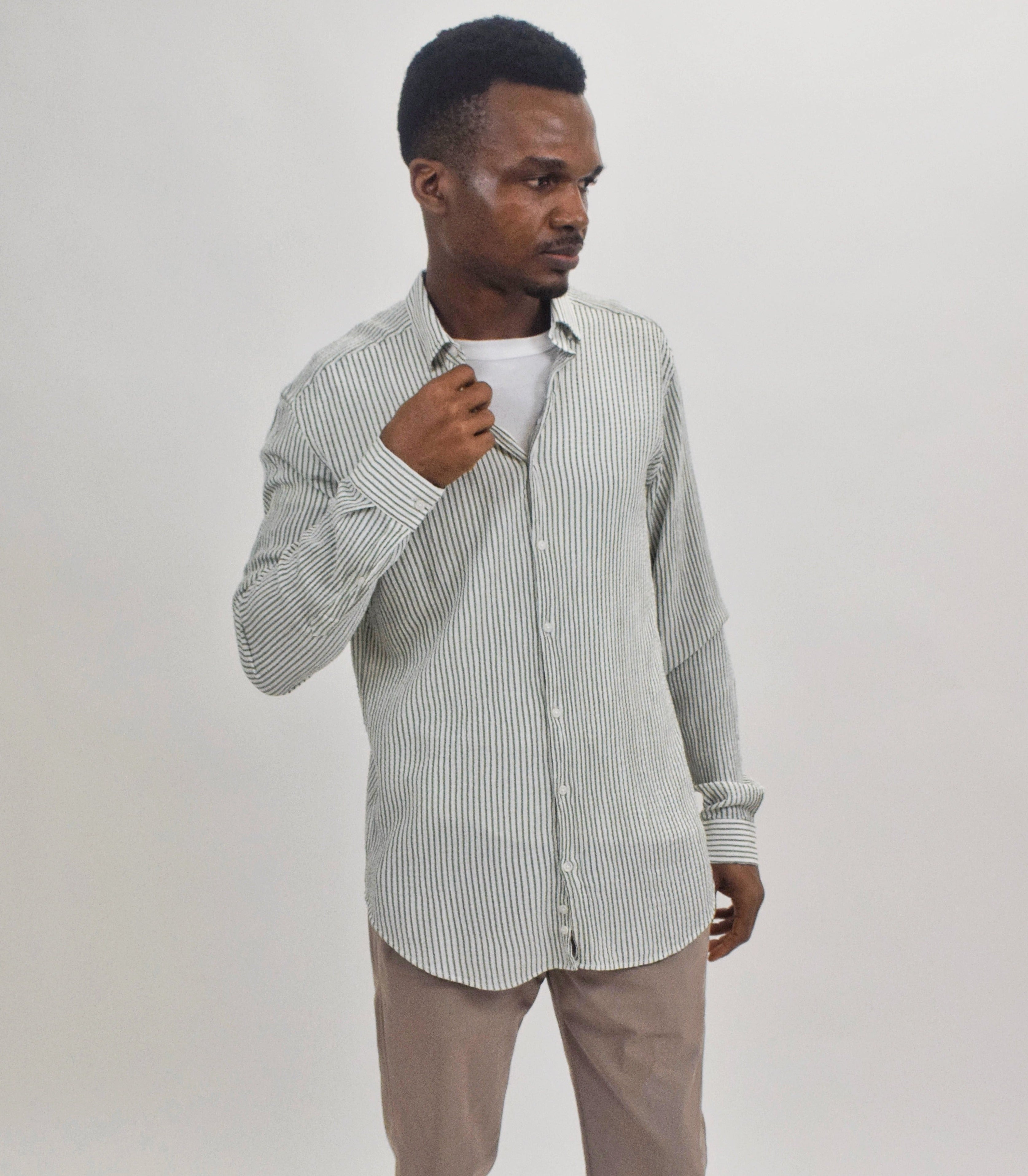 Wholesale,Suit Sartoria, Suit Sartoria Green And White Horizontally Striped Crinkle Cut Long Sleeve Button Up Shirt, White, Large-46-TagXL