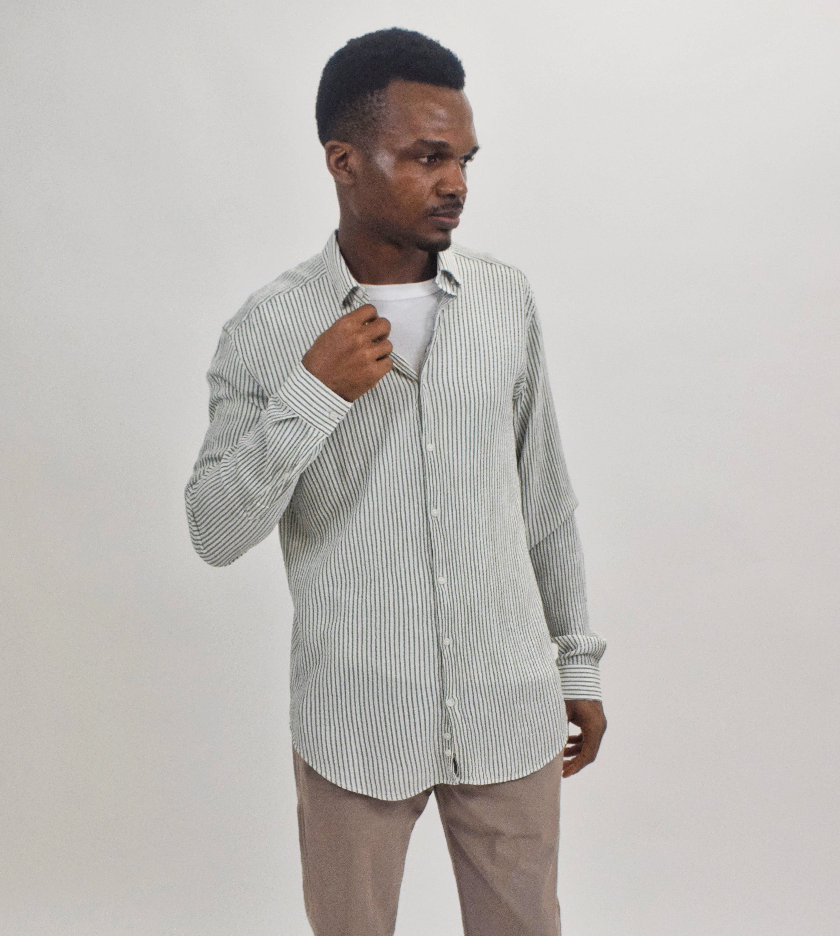 Wholesale,Suit Sartoria, Suit Sartoria Green And White Horizontally Striped Crinkle Cut Long Sleeve Button Up Shirt, White, Medium-43-TagM