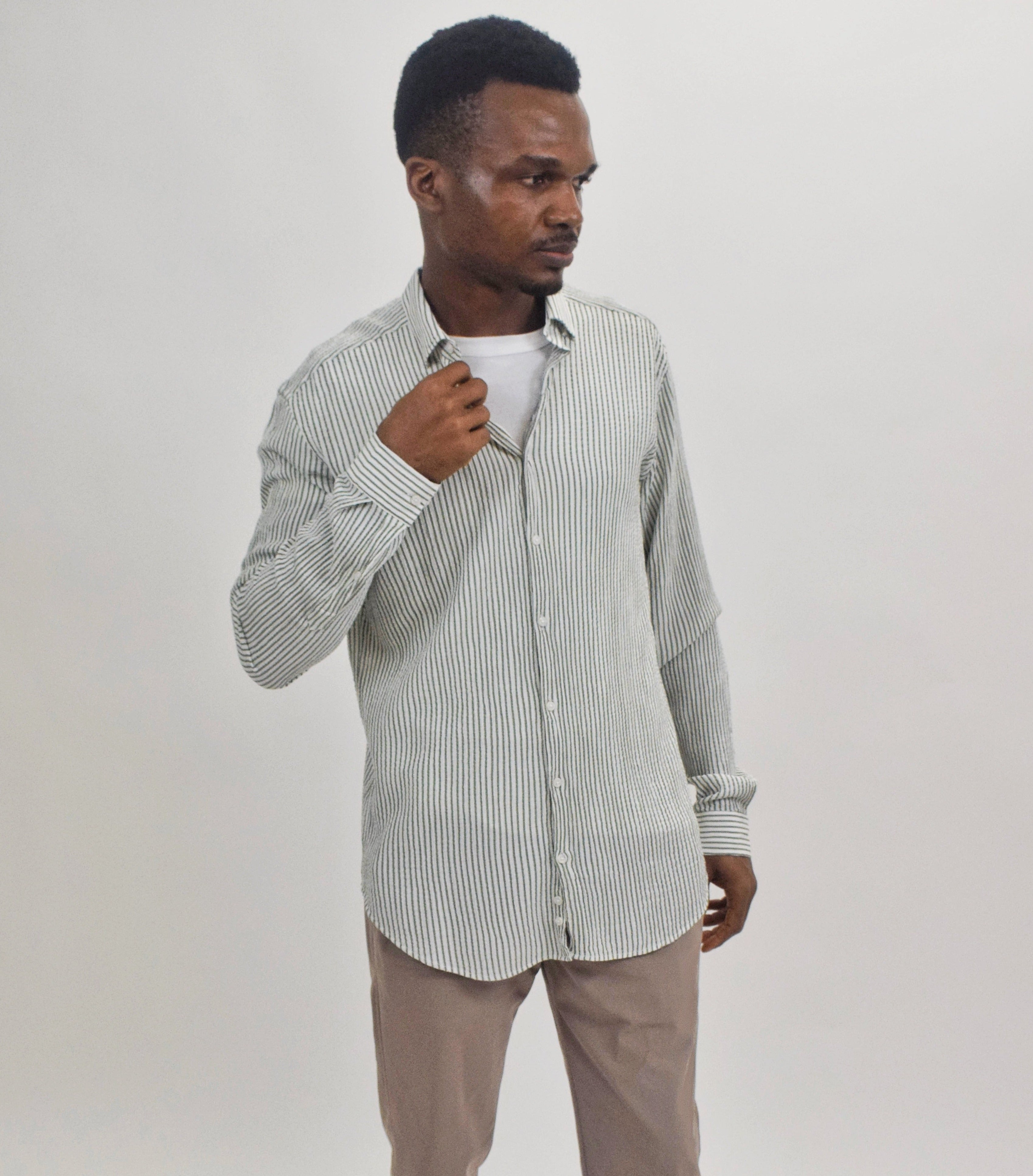 Wholesale,Suit Sartoria, Suit Sartoria Green And White Horizontally Striped Crinkle Cut Long Sleeve Button Up Shirt, White, Medium-42-TagL