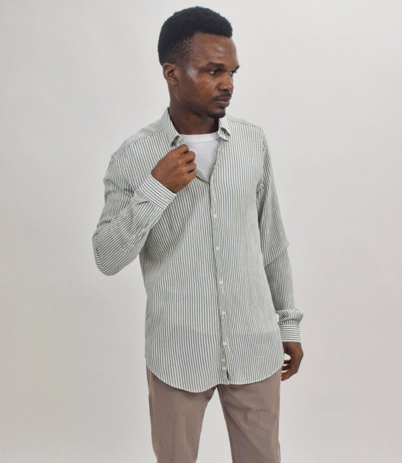 Suit Sartoria Green And White Horizontally Striped Crinkle Cut Long Sleeve Button Up Shirt
