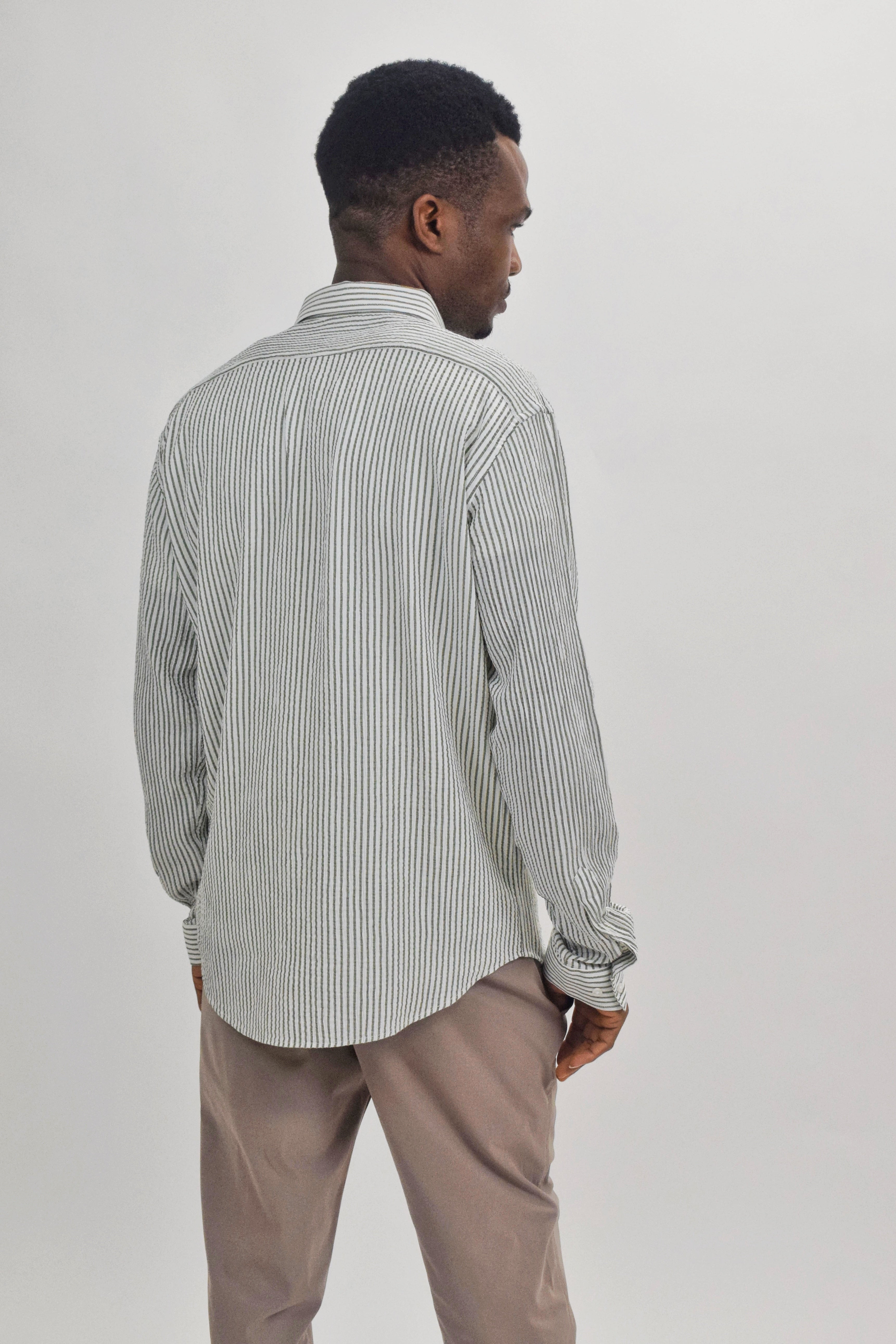 Wholesale,Suit Sartoria, Suit Sartoria Green And White Horizontally Striped Crinkle Cut Long Sleeve Button Up Shirt, White, Medium-42-TagL