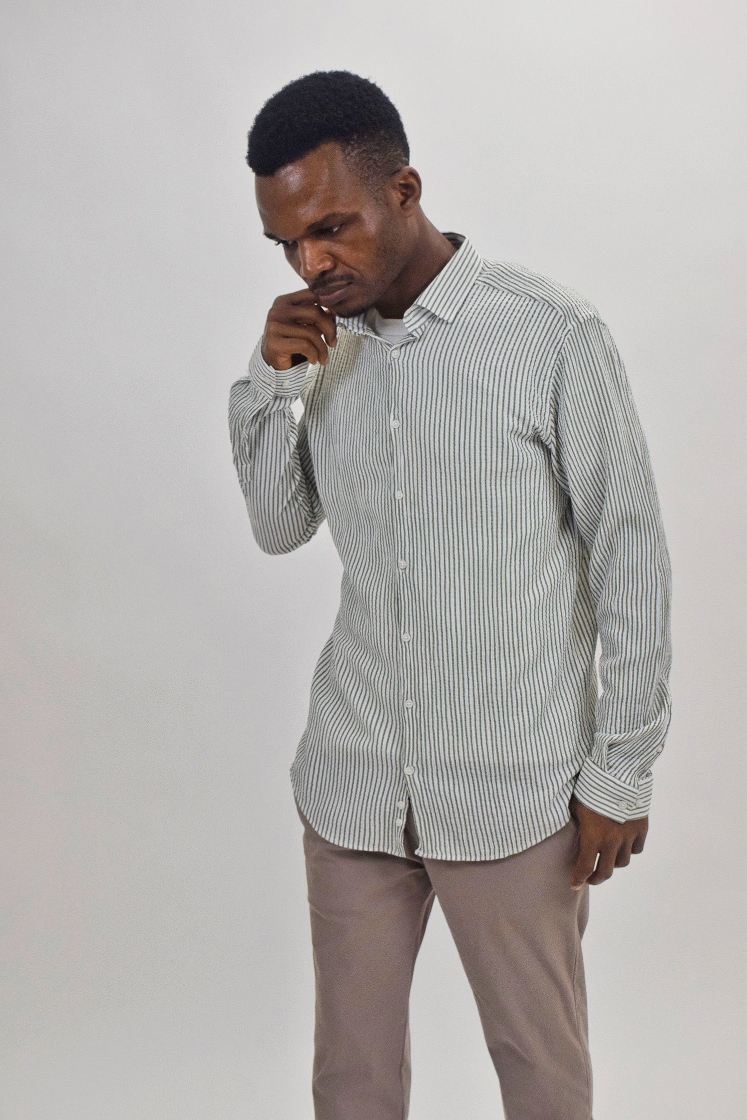 Wholesale,Suit Sartoria, Suit Sartoria Green And White Horizontally Striped Crinkle Cut Long Sleeve Button Up Shirt, White, Medium-42-TagL