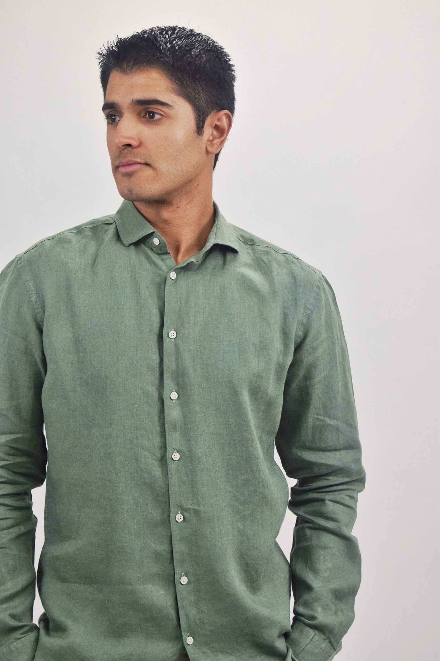 Wholesale,Suit Sartoria, Suit Sartoria Olive Green Linen Long Sleeve Button Up Shirt, Green, Large-45-TagL