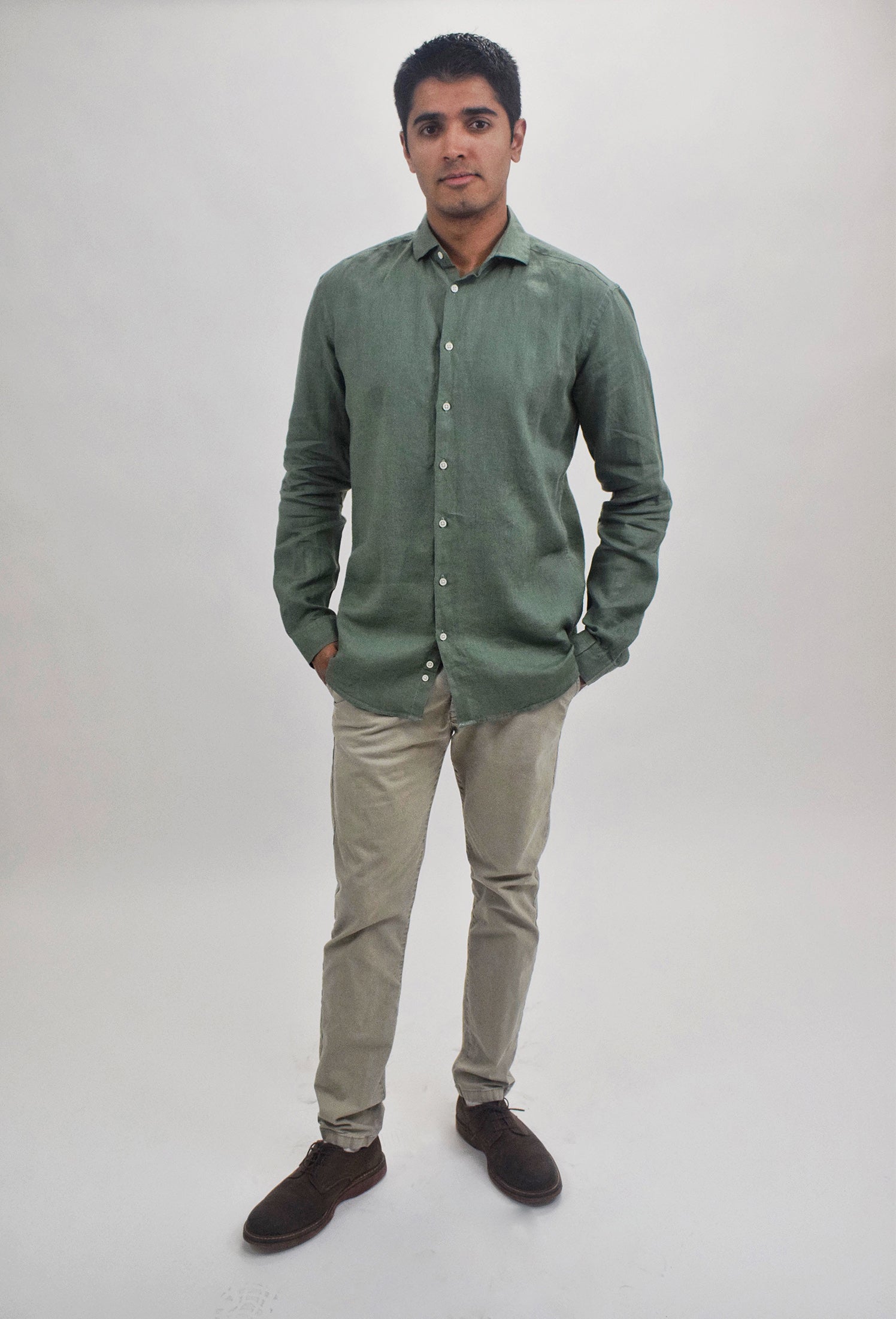 Wholesale,Suit Sartoria, Suit Sartoria Olive Green Linen Long Sleeve Button Up Shirt, Green, Medium-42-TagS