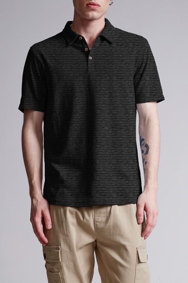 Escape Black Melange Knit Textured Short Sleeve Polo