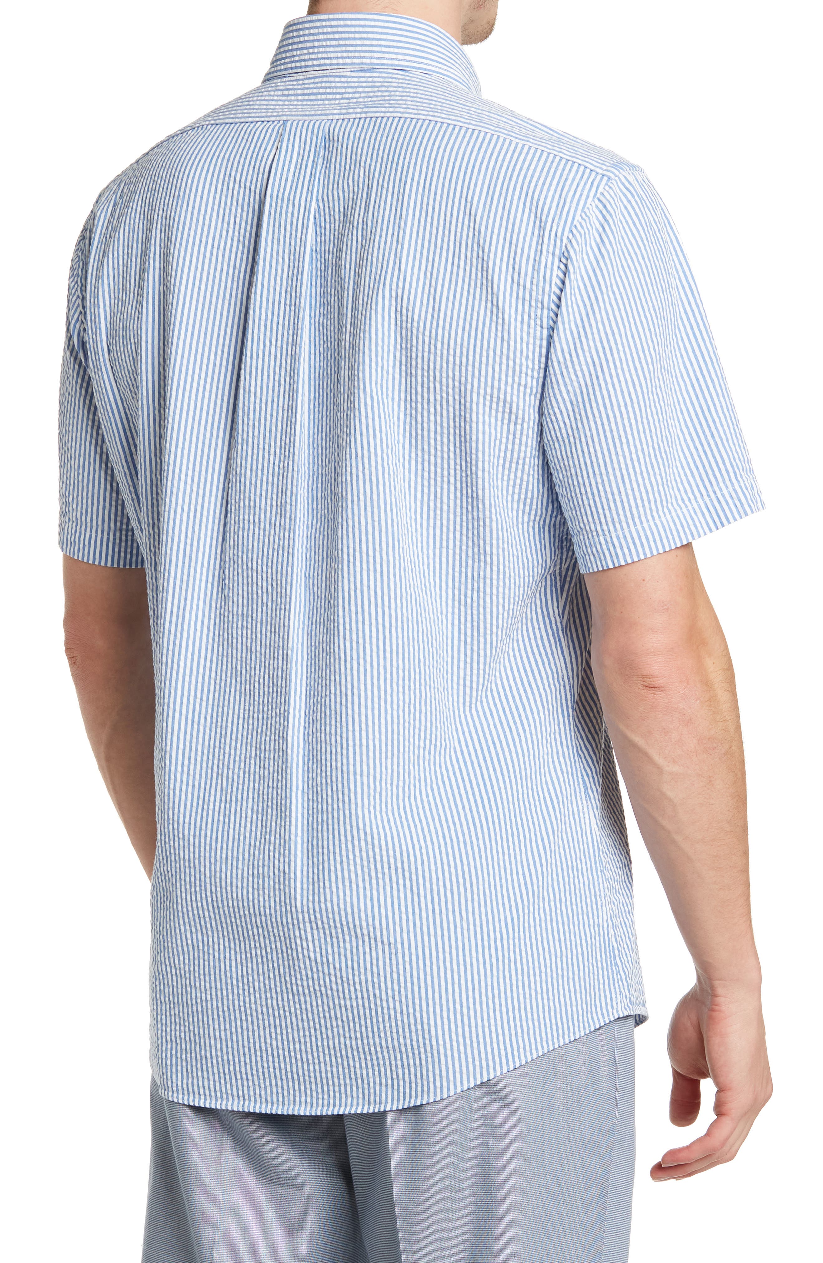 AW CHANG, Brooks Brother Blue Seersucker Short Sleeve Button Up Shirt, Blue, Large-47-TagLMedium-45-TagM