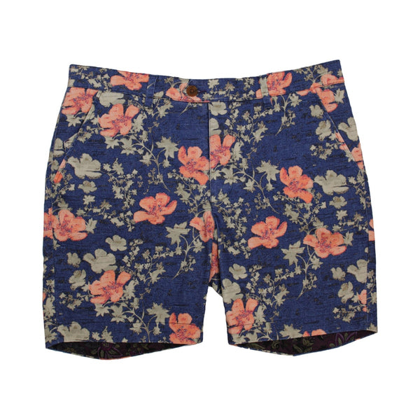 Lords of Harlech Navy Hibiscus Print 7" Shorts with Printed Contrast Interior