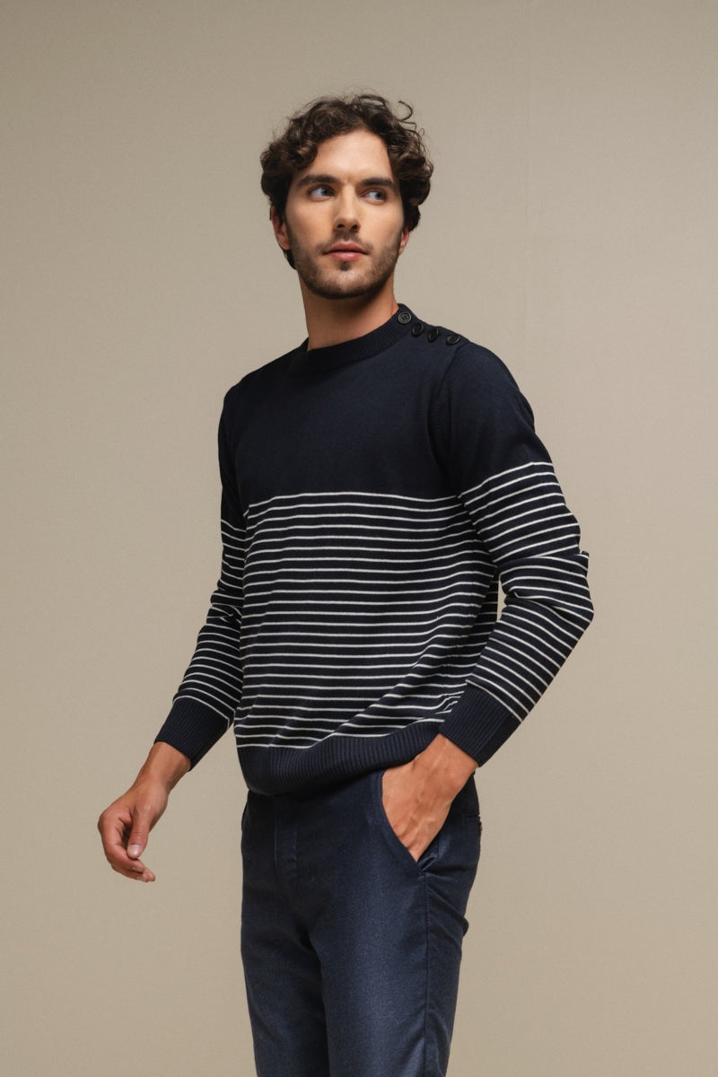 Faire,SMF, SMF Navy Striped Knit Sweater with Shoulder Button Detail, Blue, Small-40-TagM