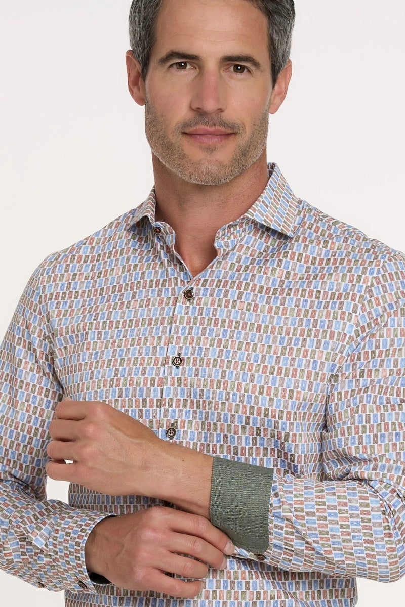 Direct From Brand,R2 Amsterdam, R2 Amsterdam White Multi Suitcase Print Dobby Shirt, White, Medium-42-Tag40