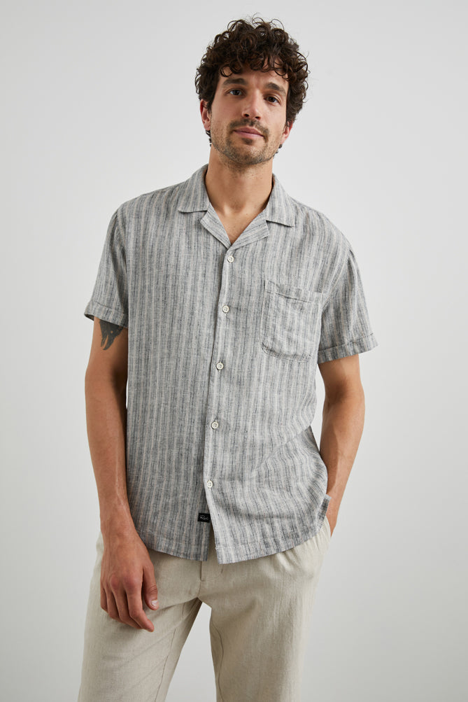 Wholesale,Rails, Rails Khaki Navy Stripe Short Sleeve Linen/Rayon Blend Shirt, Blue, Medium-43-TagMLarge-45-TagLExtra Large-48-TagXLExtra Extra Large-52-TagXXL