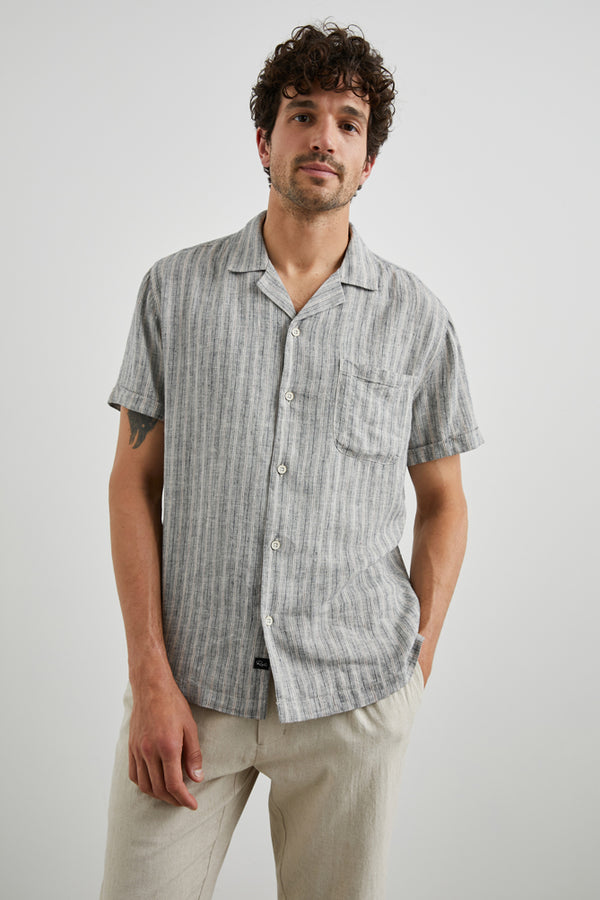 Rails Khaki Navy Stripe Short Sleeve Linen/Rayon Blend Shirt