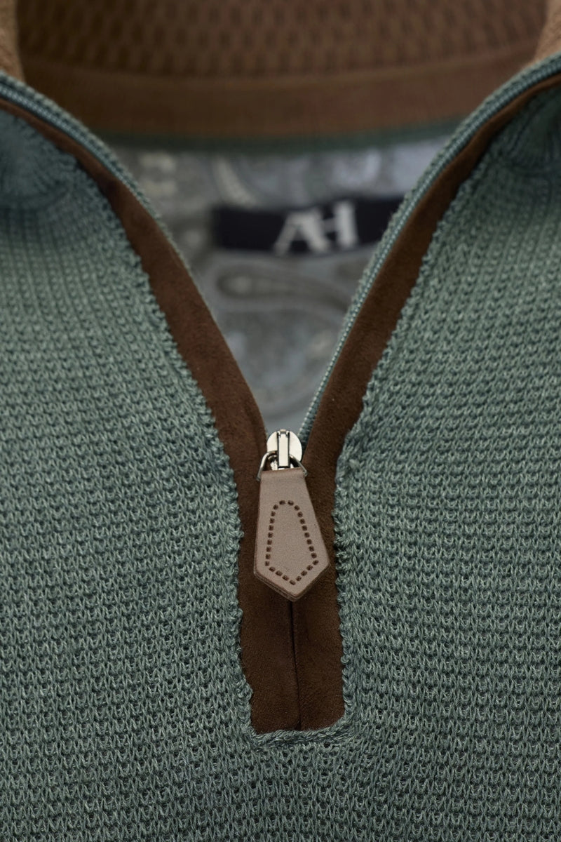 Wholesale,American Heritage, American Heritage Green Trimmed Melange Knit Textured Qtr Zip, Green, Medium-45-TagMLarge-47-TagLExtra Large-49-TagXL