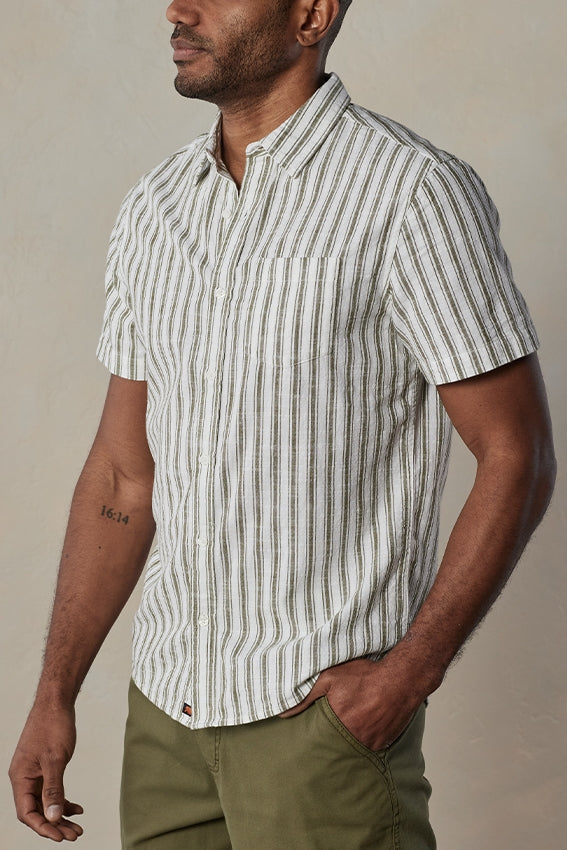 Wholesale,The Normal Brand, The Normal Brand White/Olive Stripped Short Sleeve Button Up Shirt, White, Small-40-TagSLarge-46-TagLMedium-43-TagM