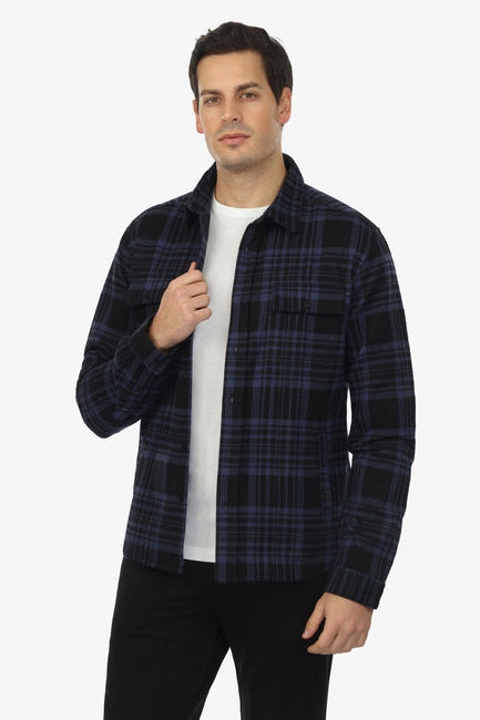 Wholesale,Vustra, Vustra Navy/Black Plaid Organic Cotton Textured Shacket, Blue, Small-41-TagS