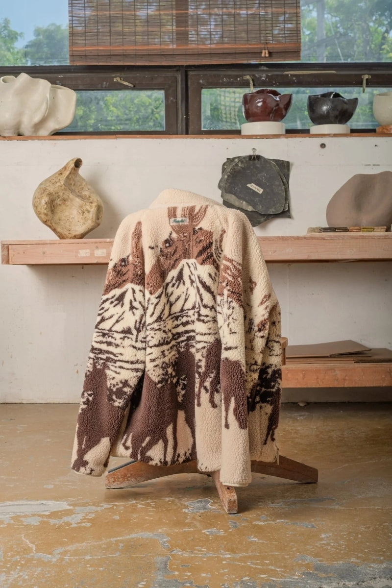 Wholesale,Kuwalla, Kuwalla Desert Stallion Printed Terry Sherpa Fleece Jacket, Cream, Small-44-TagSMedium-46-TagMLarge-48-TagLExtra Large-50-TagXL