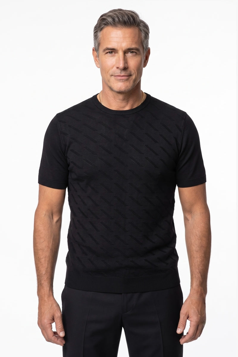 Wholesale,Mizumi, Mizumi Black Textured Knit Crewneck Tee, Black, Small-40-TagSMedium-42-TagMLarge-44-TagLExtra Large-46-TagXLExtra Large-47-TagXXL