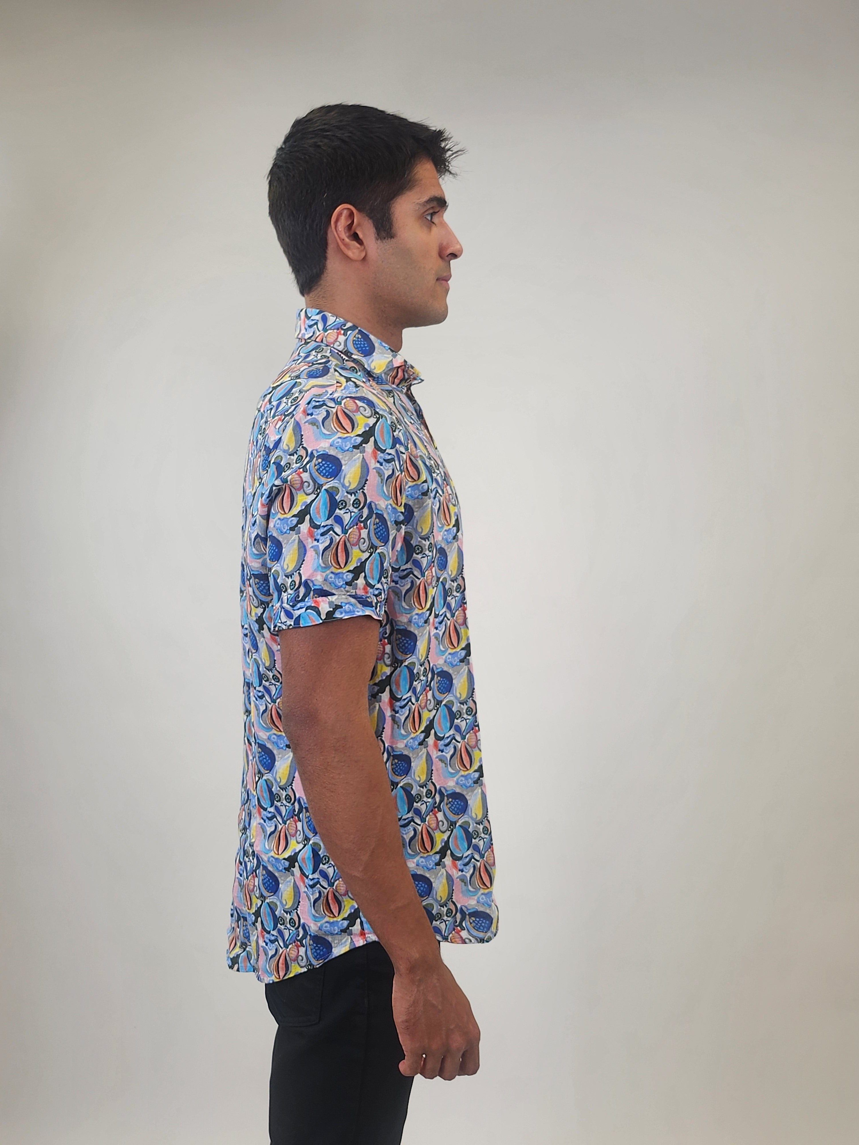 Brand Partner,R2 Amsterdam, R2 Amsterdam Blue/Yellow Hot Air Balloon Print Linen Shirt, Blue, Medium-44-Tag41