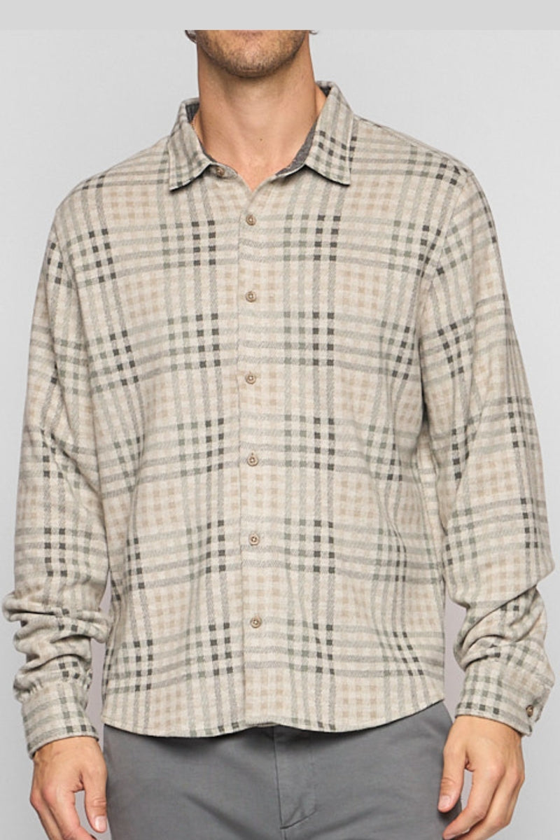 Wholesale,Fundamental Coast, Fundamental Coast Tan Plaid Brushed Knit Flannel Shirt, Tan, Large-46-TagL