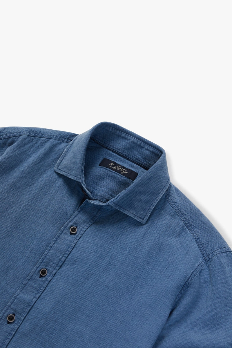 Wholesale,34 Heritage, 34 Heritage Indigo Mini Check Waffle Textured Shirt, Blue, Medium-44-TagM
