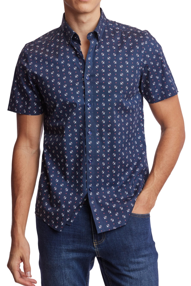 Wholesale,Paisley & Gray, Paisley & Gray Navy Fleur De Lis Print Short Sleeve Shirt, Blue, Small-38-TagSSmall-40-TagMLarge-46-TagXLExtra Large-49-TagXXLMedium-43-TagL