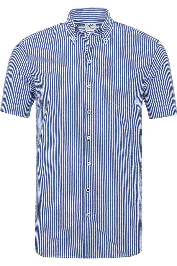 R2 Amsterdam Blue/White Striped Short Sleeve Button Up Shirt