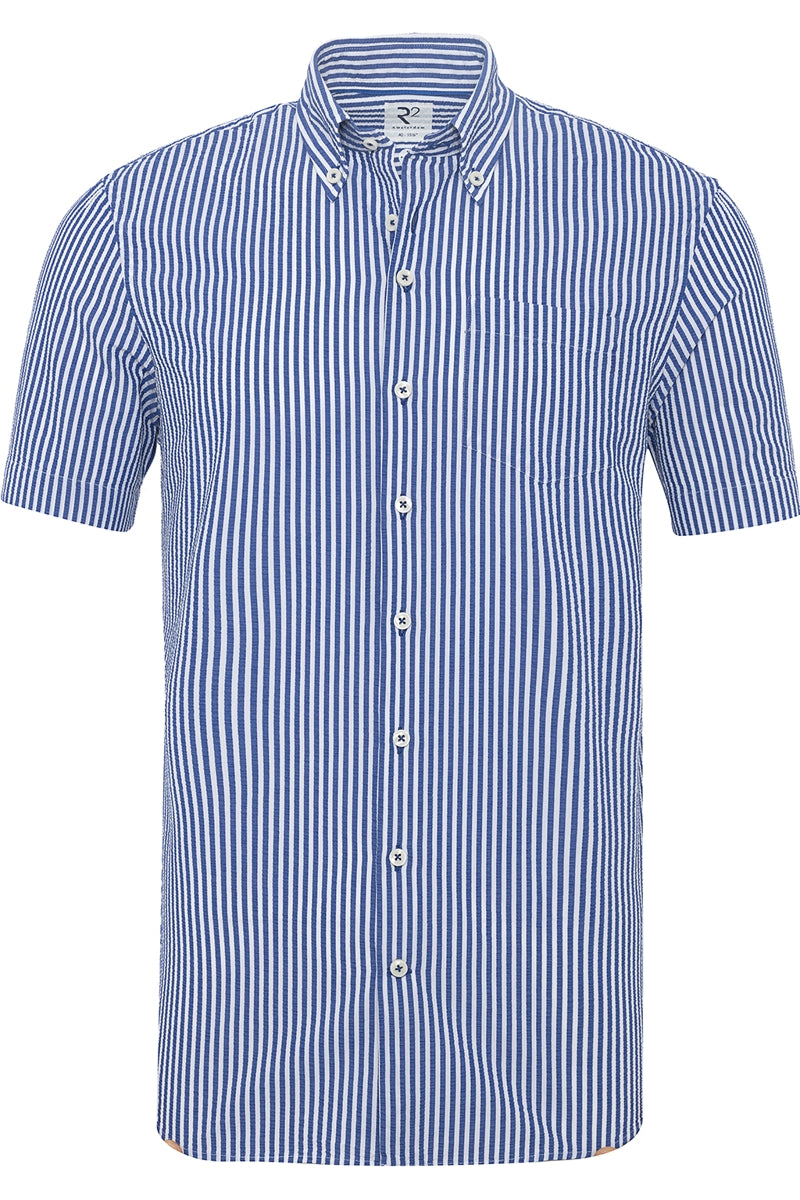 Direct From Brand,R2 Amsterdam, R2 Amsterdam Blue/White Striped Short Sleeve Button Up Shirt, Blue, Extra Large-48-Tag43