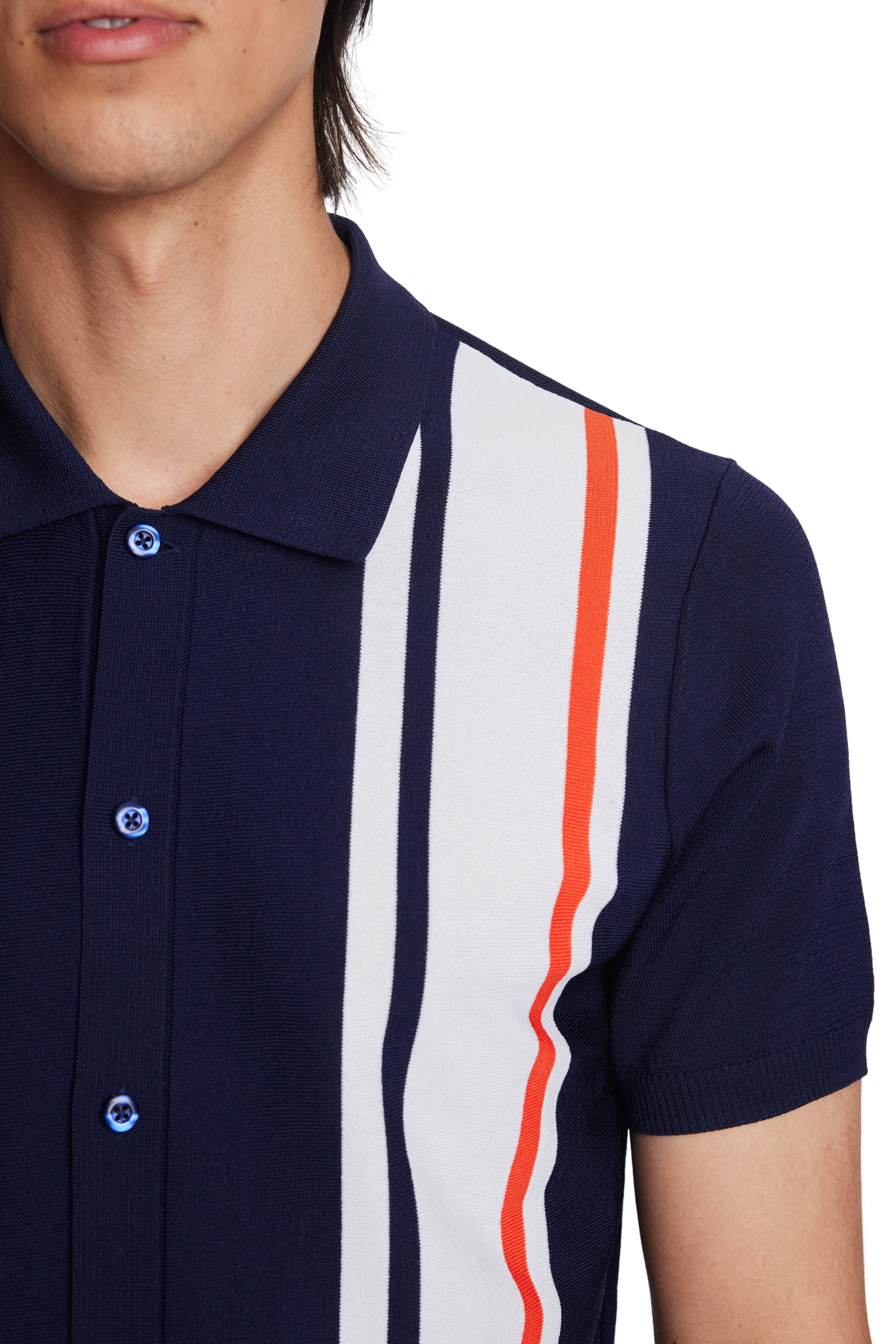 Wholesale,Paisley & Gray, Paisley & Gray Navy Full Placket Polo with Bold White/Orange Stripe, Blue, Small-38-TagSMedium-40-TagMMedium-42-TagLLarge-44-TagXLExtra Large-46-TagXXL