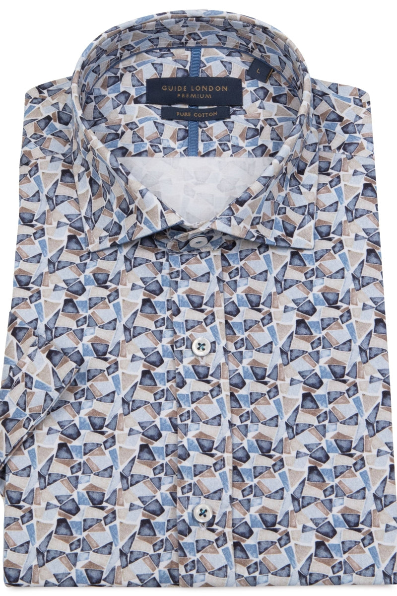 Faire,Guide London, Guide London Blue Geometric Pattern Short Sleeve Shirt, Blue, Small-40-TagSMedium-42-TagMMedium-43-TagLLarge-45-TagXLExtra Large-48-TagXXL