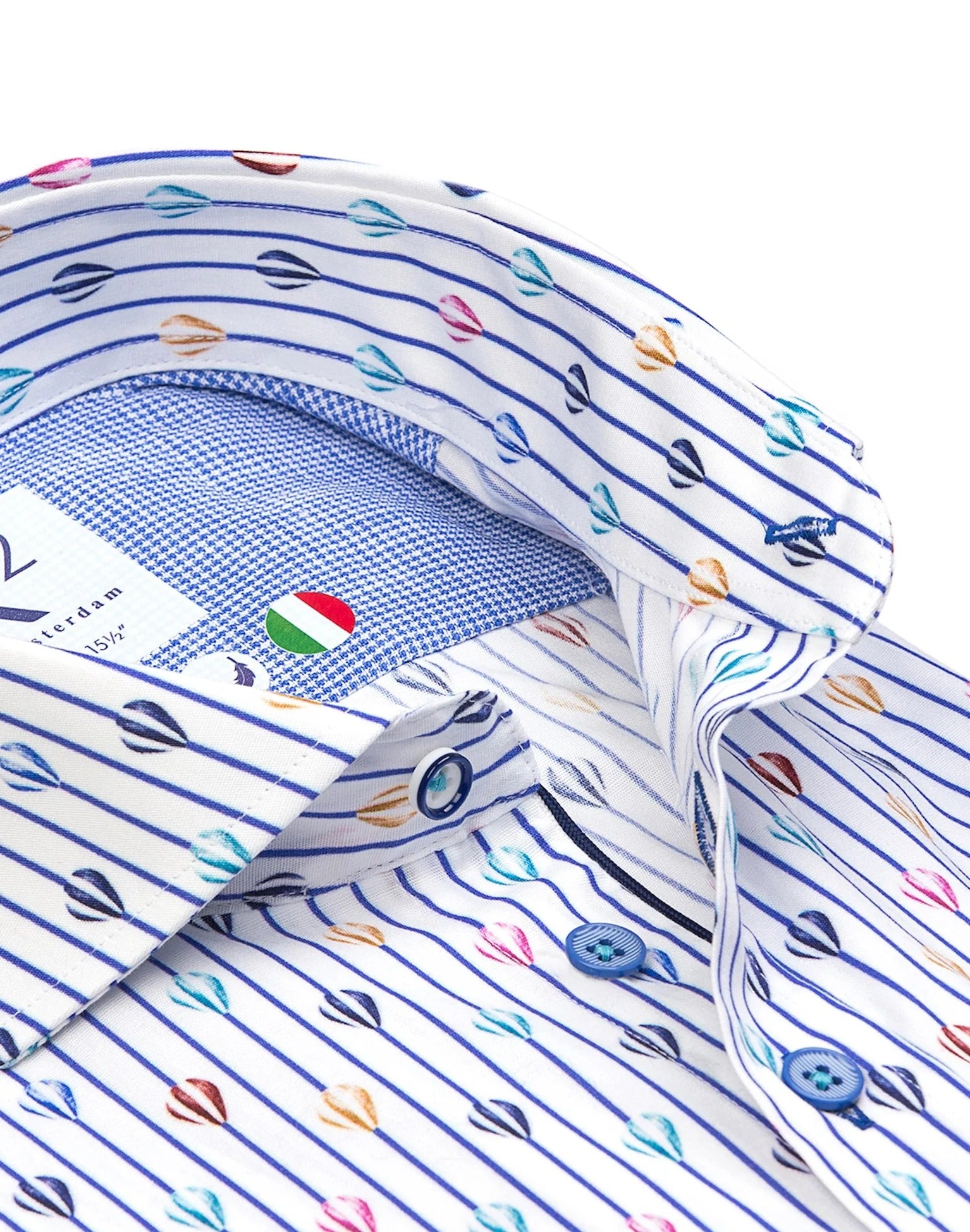 Brand Partner,R2 Amsterdam, R2 Amsterdam White/Blue Stripe Hot Air Balloon Print Stretch Short Sleeve Shirt, White, Medium-41-Tag39