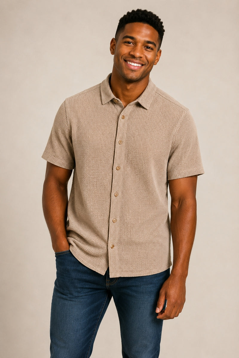 Wholesale,American Heritage, American Heritage Sand Waffle Jacquard Dobby Shirt, Tan, Large-50-TagL