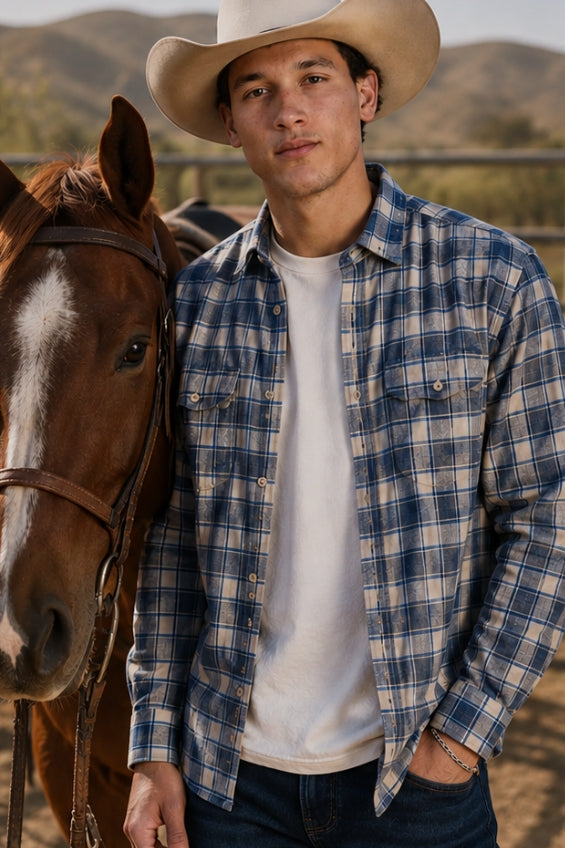 Wholesale,James Campbell, James Campbell Blue/Cream Plaid Button-Up Shirt, Blue, Medium-43-TagM