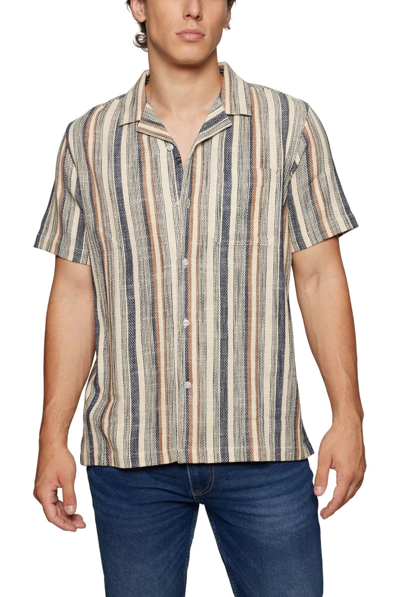 Wholesale,Signal Clothing, Signal Clothing Tan with Navy/Brown Striped Textured Shirt, Tan, Extra Large-46-TagXL