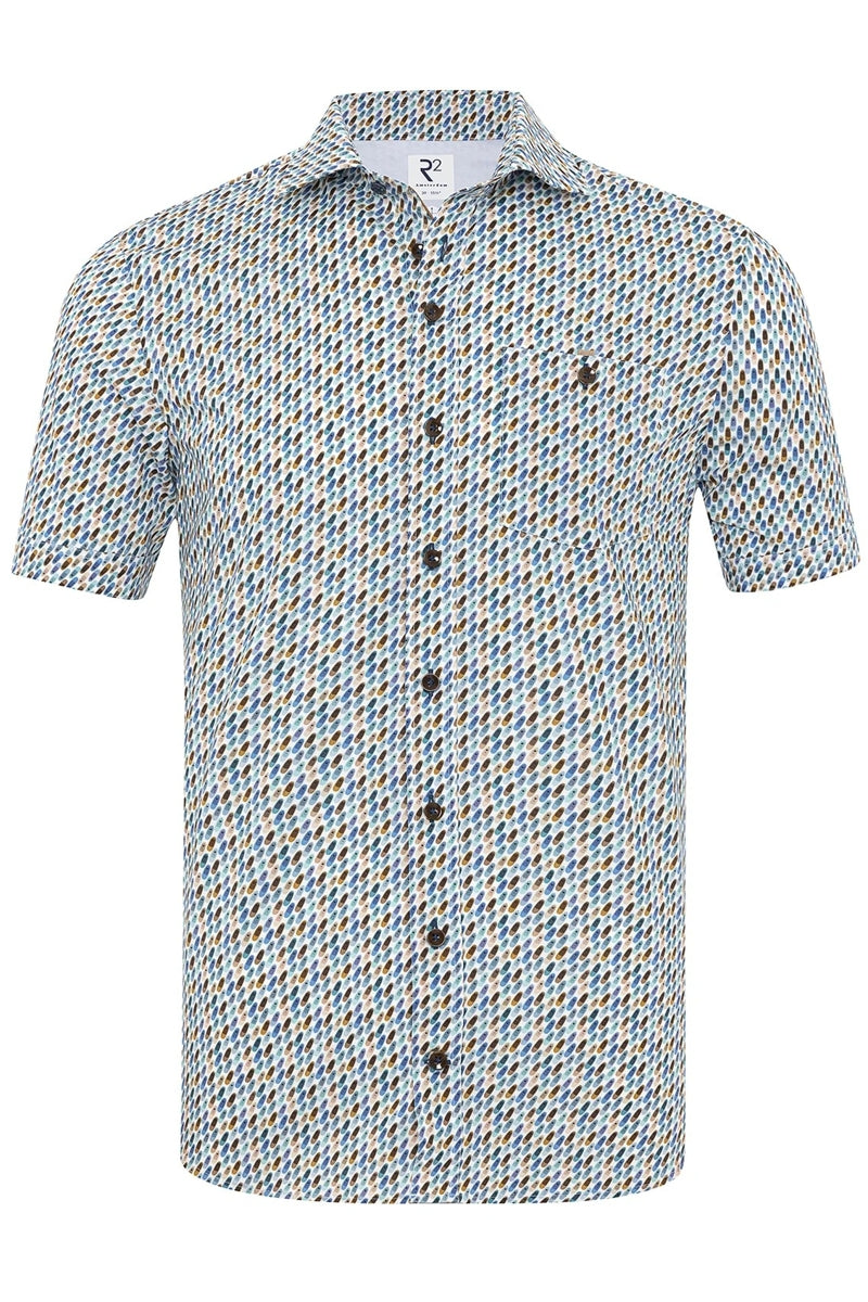 Direct From Brand,R2 Amsterdam, R2 Amsterdam Blue Multi Surfboard Print Stretch Shirt, Blue, Medium-43-Tag40Extra Large-48-Tag43Extra Extra Large-50-Tag44Extra Extra Large-51-Tag45Extra Extra Large-53-Tag46Medium-44-Tag41Large-46-Tag42