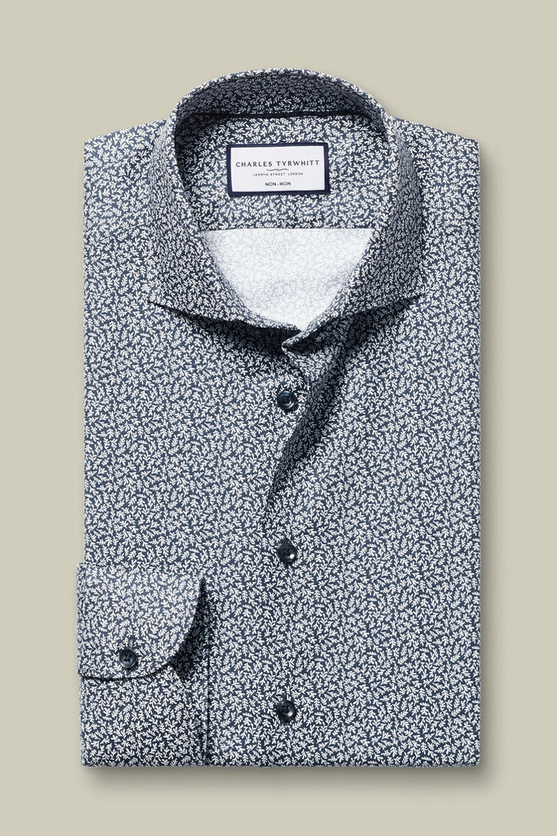 Wholesale,Charles Tyrwhitt, Charles Tyrwhitt Ink Blue Stretch Leaf Print Shirt, Blue, Large-46-Tag16.5