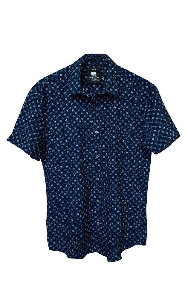 Faire,W.R.K, W.R.K Navy Geo Motif Print 4-way Stretch Recycled Shirt, Blue, Medium-42-TagMLarge-44-TagLExtra Large-46-TagXL