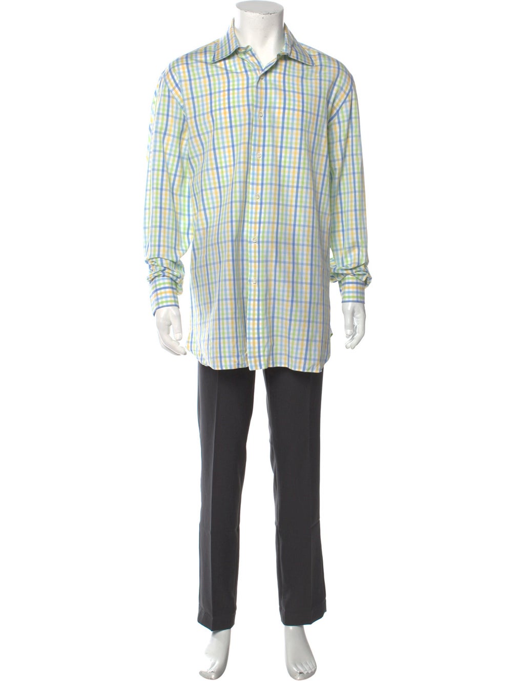 RealReal,Battistoni, Battistoni Green/Yellow Plaid Print Dress Shirt with One-Button Mitered Cuffs, Green, Extra Large-50-TagXL