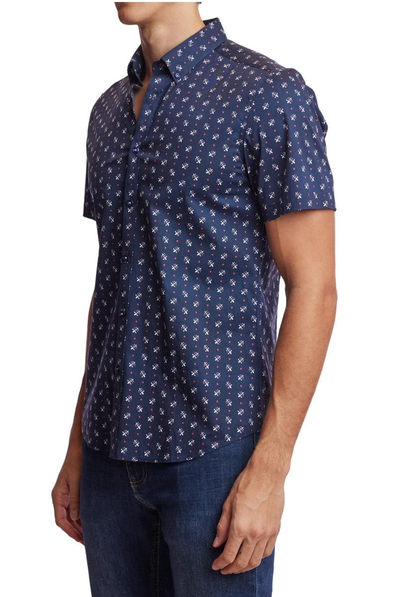 Wholesale,Paisley & Gray, Paisley & Gray Navy Fleur De Lis Print Short Sleeve Shirt, Blue, Small-38-TagSSmall-40-TagMLarge-46-TagXLExtra Large-49-TagXXLMedium-43-TagL