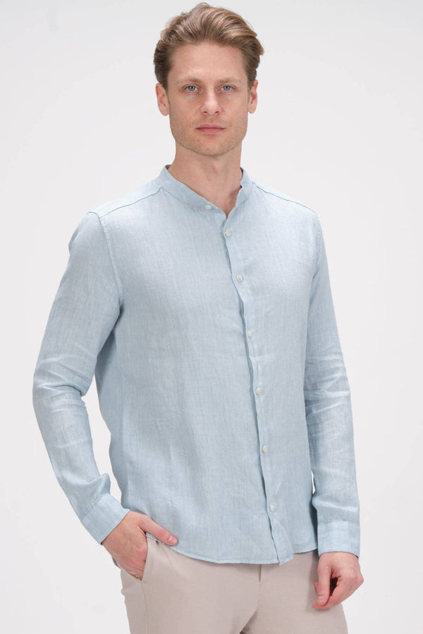 RNT 23 Light Blue Linen Collarless Long Sleeve Button Up