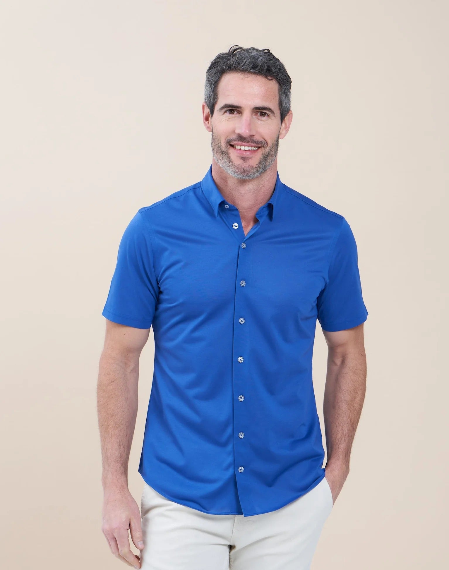 Brand Partner,R2 Amsterdam, R2 Amsterdam Royal Blue Knitted Pique Short Sleeve Shirt, Blue, Large-44-Tag41