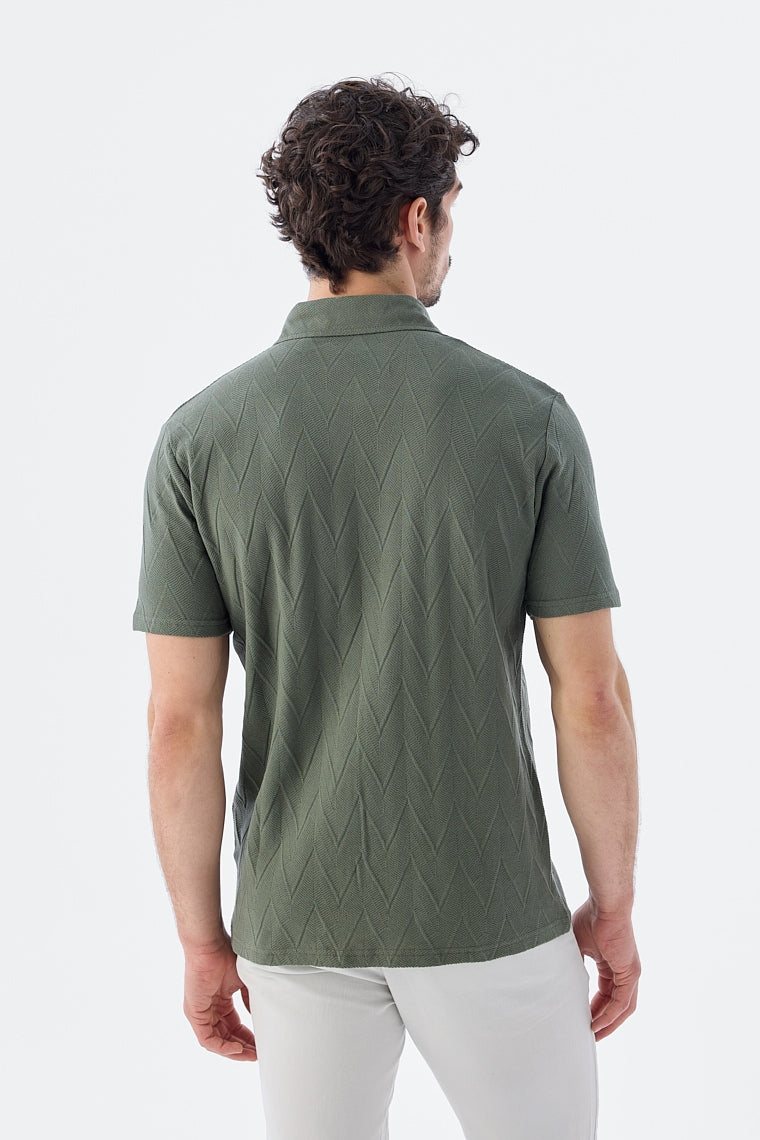 Wholesale,Jakamen, Jakamen Khaki Green Zigzag Textured Slim Fit Shirt, Green, Medium-42-TagM