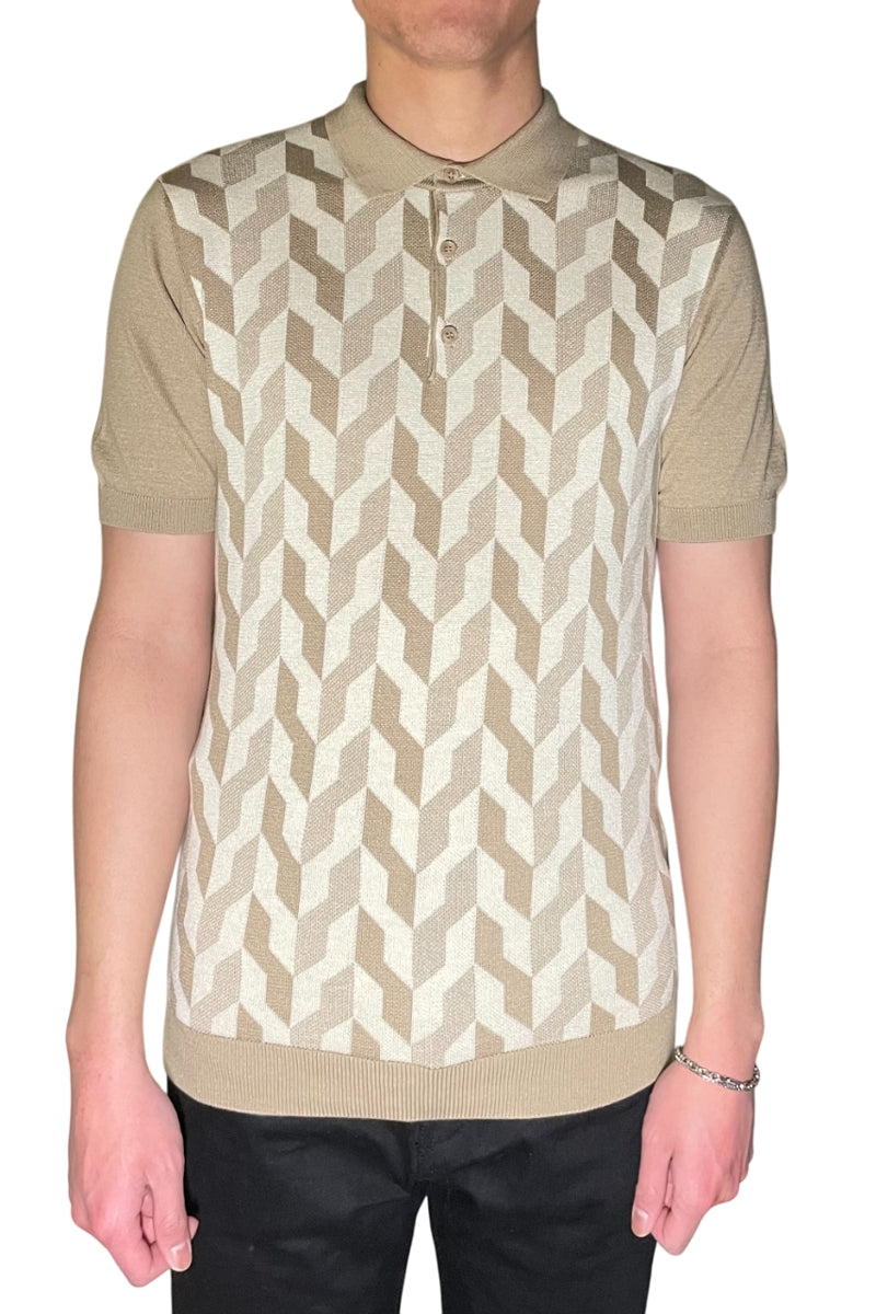 Wholesale,Mizumi, Mizumi Beige Geo Print Knit Short Sleeve Polo, Tan, Small-40-TagSMedium-42-TagMLarge-44-TagLExtra Large-46-TagXLExtra Large-47-TagXXL